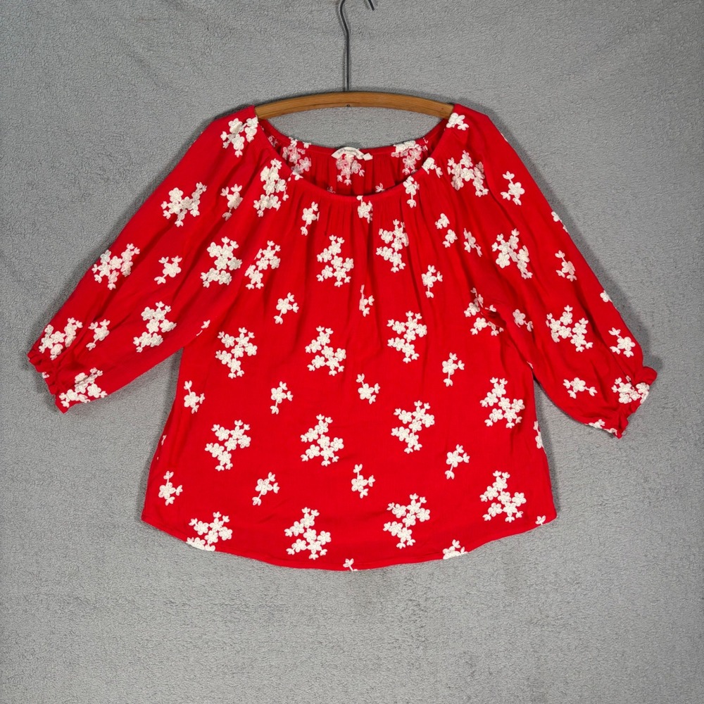 Soft Surroundings Top XL Red Floral Embroidered Gauze Blouse 3/4 Sleeve Boho